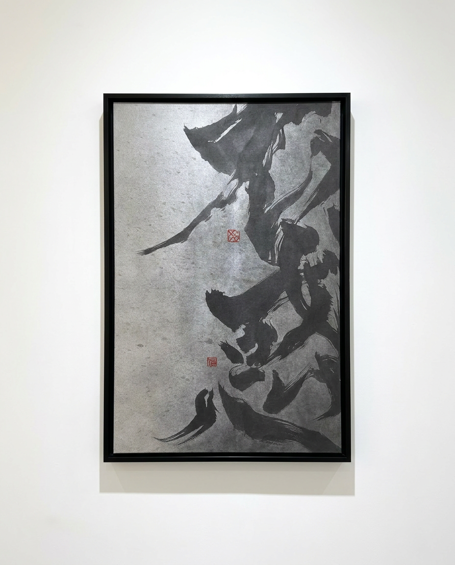 Framed artwork with black ink brush strokes on a gray background, mounted on a white wall.