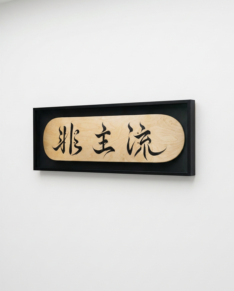 Wooden plaque with black calligraphy on a white wall