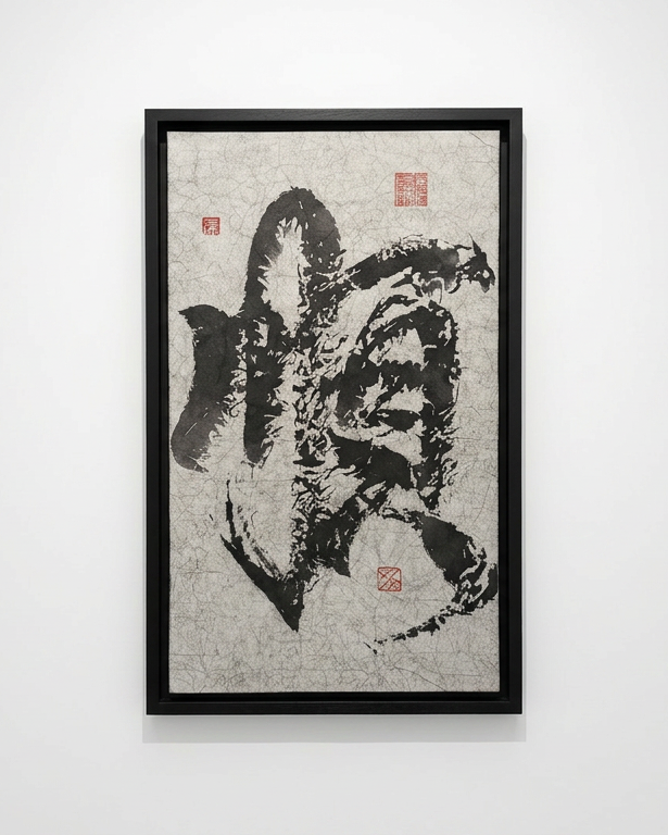 Framed calligraphy artwork on a white wall