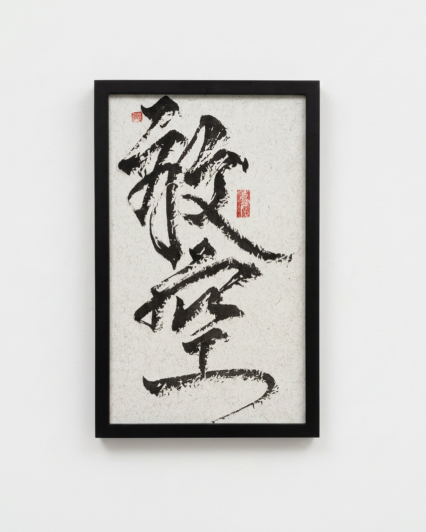 Framed artwork with black calligraphy on a white background