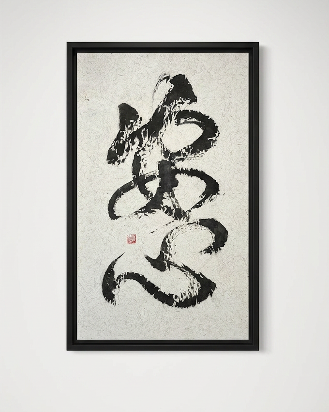 Framed calligraphy artwork on a white wall
