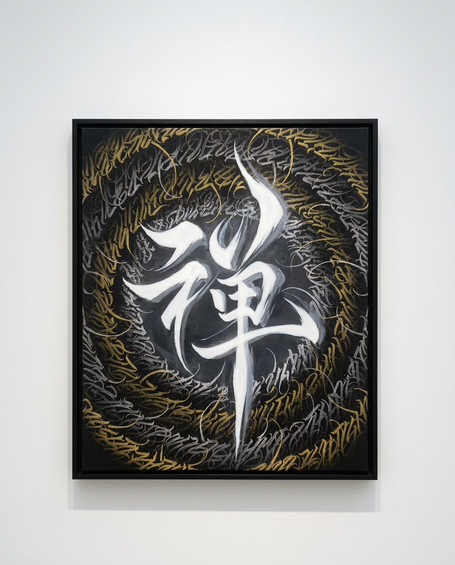 Framed artwork with a stylized white symbol on a black background with gold accents